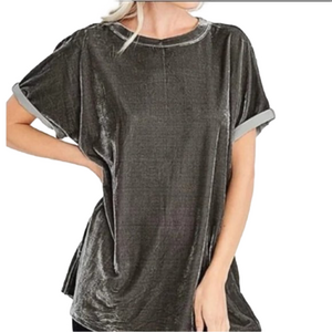 WISHLIST Oversized Dark Grey Crushed Velvet Cuffed Short Sleeve Top‎ Size M/L